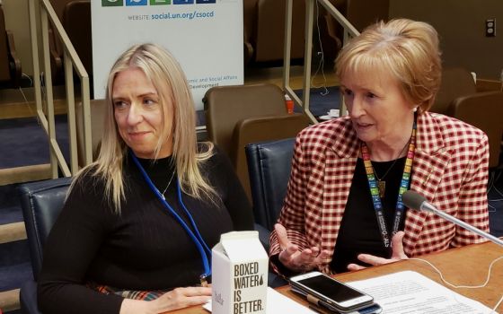 Irish Daughter of Wisdom Sr. Jean Quinn, executive director of UNANIMA, right, and Elizabeth Madden, who is Irish and last experienced homelessness 16 years ago, during United Nations meetings on homelessness and affordable housing. (GSR photo)