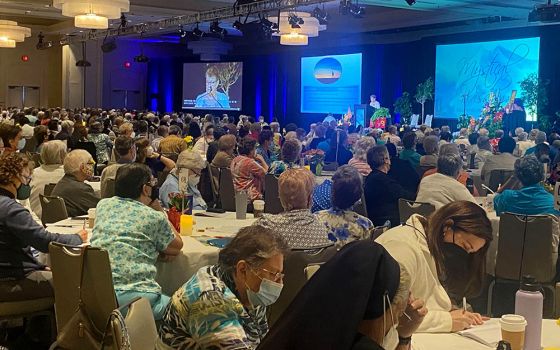 Sr. Jane Herb of the Sisters, Servants of the Immaculate Heart of Mary gives the presidential address Aug. 10 to the 2022 assembly of the Leadership Conference of Women Religious, held Aug. 9-12 in St. Louis. (GSR photo/Soli Salgado)