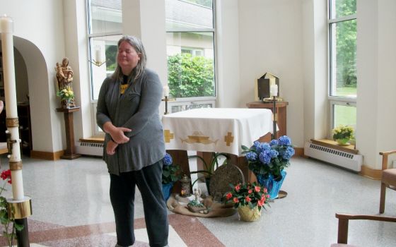 Julie McElmurry receives a blessing at the Poor Clare Monastery in Chesterfield, New Jersey, on her last day filming there in May 2019. (Courtesy of Julie McElmurry)
