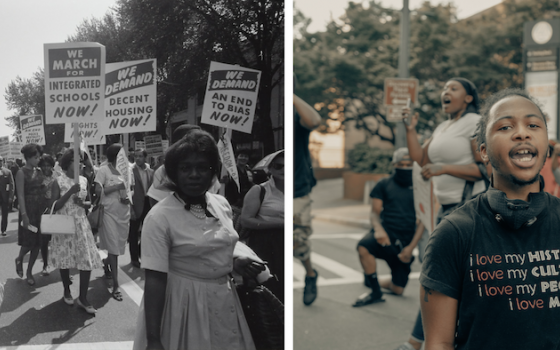 Left: People marching for civil rights in the 1960s; right: People demonstrating for civil rights in 2020 (Unsplash/Library of Congress and Clay Banks)