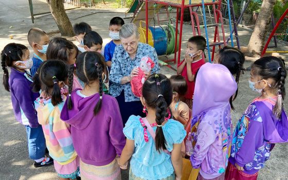 Good Shepherd Sr. Louise Horgan with children at the Fatima Self Help Centre in Bangkok, Thailand (Provided photo)
