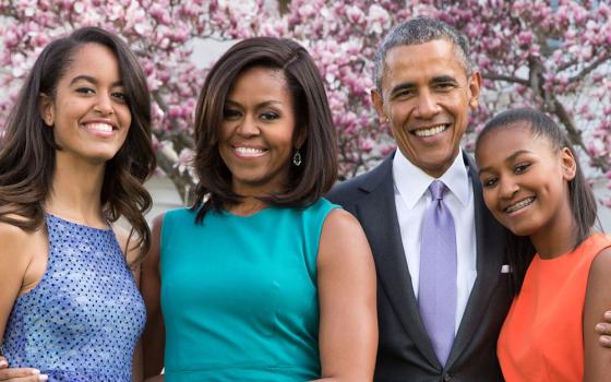 Then-President Barack Obama, First Lady Michelle Obama, and daughters Malia and Sasha pose for a family portrait in the Rose Garden of the White House on Easter Sunday, April 5, 2015. (Official White House Photo/Pete Souza)