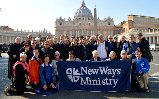 A pilgrimage by New Ways Ministry members in 2015 to Rome. Sr. Jeannine Gramick, one of the co-founders of the organization, is in the fourth row, fourth from right. New Ways Ministry supports LGBTQ women religious and educates their congregational leader