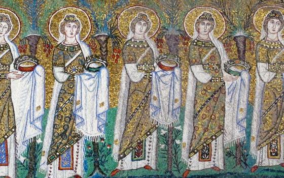 The mosaic of the Holy Virgins, in the sixth-century Church of St. Apollinare Nuovo, Ravenna, Italy (Wikimedia Commons/Sailko)