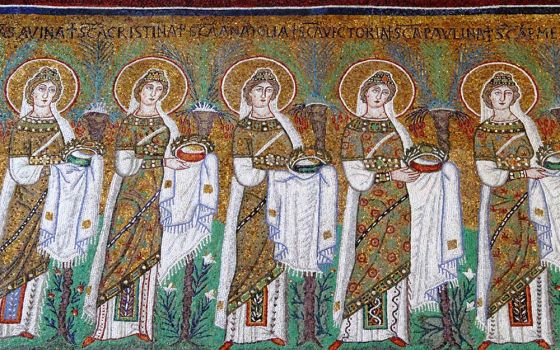 A sixth-century mosaic in the Basilica of Sant'Apollinare Nuovo in Ravenna, Italy, shows a procession of virgin martyrs. (Wikimedia Commons/Rabe!)