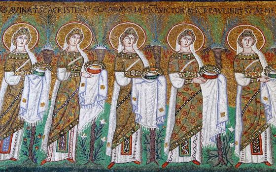 A sixth-century mosaic in the Basilica of Sant'Apollinare Nuovo in Ravenna, Italy, shows a procession of virgin martyrs. (Wikimedia Commons/Rabe!)