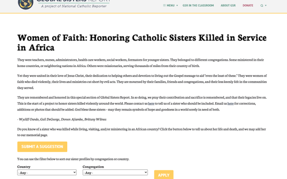 Screenshot of GSR's new special section "Women of Faith: Honoring Catholic Sisters Killed in Service in Africa"