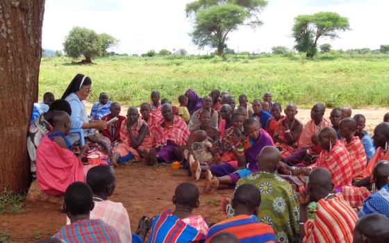 Notre Dame Sr. Mary Rashmi Mattappally teaches Masai women in Simanjiro, Tanzania, in fall 2019. (GSR file photo)