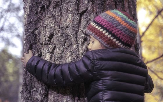 Child hugging a tree (Wikimedia Commons/Øyvind Holmstad)