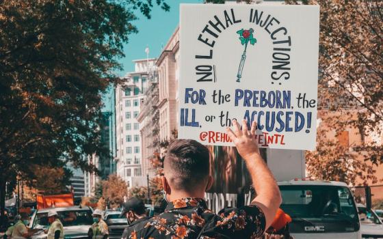 View of back of person holding sign that reads "No lethal injections for the preborn, the ill or the accused" (Unsplash Maria Oswalt)