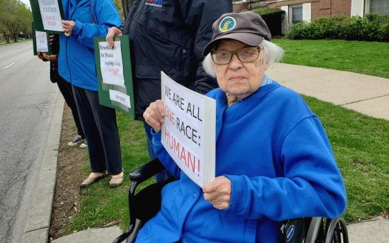 Chicago Benedictine Sr. Vivian Ivantic protests racism and police brutality at an April 2019 Stand Against Racism event in Evanston, Illinois. (Courtesy of the Benedictine Sisters of Chicago)