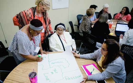 Participants work on a poster at a curriculum workshop for Called and Consecrated in 2018 at the Oblate School of Theology in San Antonio. The curriculum teaches middle and high schoolers about the Catholic faith through the lives of women religious.