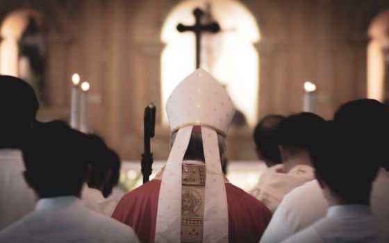 the back of a bishop, flanked by altar servers, in a procession