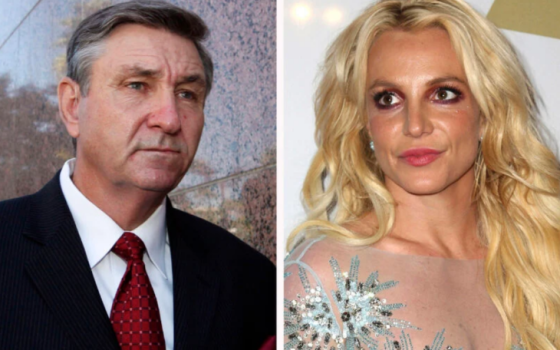 This combination photo shows Jamie Spears, left, father of Britney Spears, on Oct. 24, 2012, in Los Angeles and Britney Spears on Feb. 11, 2017, in Beverly Hills, Calif.. Britney Spears' father agreed Thursday, Aug. 12, 2021, to step down from the conserv