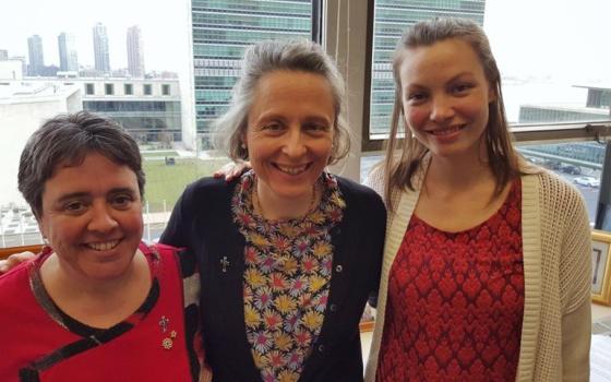 From left: Mercy Sr. Angela Reed, Sr. Áine O'Connor and Amanda Lyons, advocacy officer for Franciscans International, at the Mercy International Association office at the Church Center for the United Nations in New York. All three are involved in the work of the NGO Mining Working Group. (GSR/Chris Herlinger)