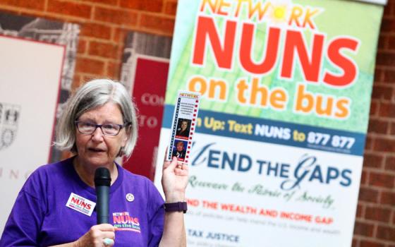 Social Service Sr. Simone Campbell thanks supporters of the Nun on the Bus tour at a rally July 29 in Philadelphia near where the Democratic National Convention was held. (CNS/Sarah Webb, CatholicPhilly.com)