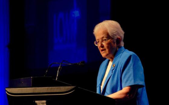 LCWR President and Immaculate Heart of Mary Sr. Sharon Holland delivers the Presidential Address Wednesday morning at the Leadership Conference of Women Religious Assembly in Houston. (GSR photo/Dan Stockman)