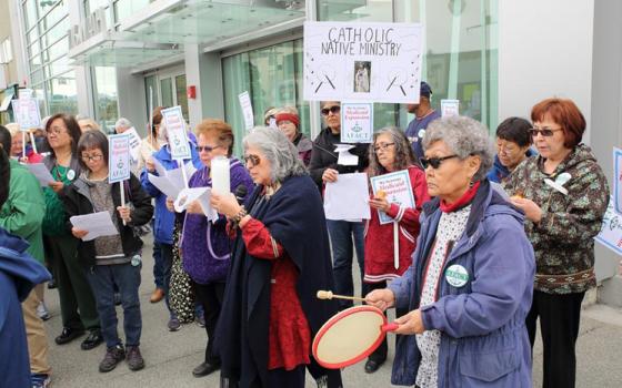Sr. Mary Peter Diaz (center, in red with dark blue blanket) leads a prayer rally in support of Medicaid expansion in Alaska on May 14. (Ron Nicholl Photography)