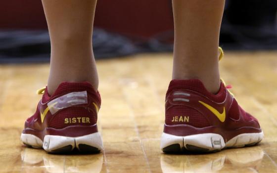 Sr. Jean Dolores Schmidt wears her monogrammed Nike tennis shoes at a Feb. 12, 2018, game in Chicago. (CNS/Chicago Catholic/Karen Callaway)