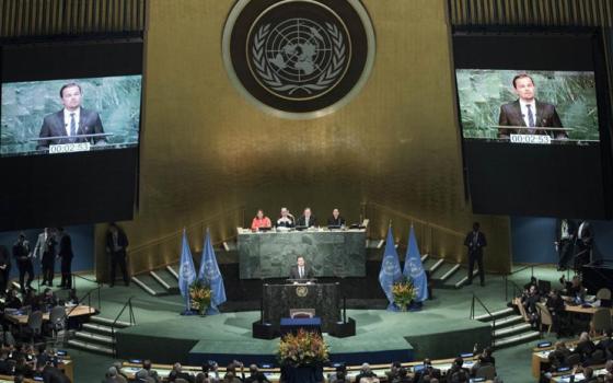 Secretary-General Ban Ki-moon hosted a signing ceremony for the Paris Agreement on Climate Change on 22 April at the United Nations. Messenger of Peace Leonardo Dicaprio addresses the opening segment of the signature ceremony. (United Nations photo)