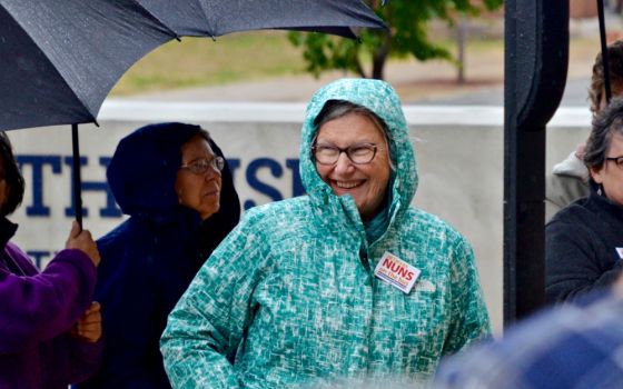 Social Service Sr. Simone Campbell, executive director of Network, is seen at a Nuns on the Bus stop in South Bend, Indiana, Oct. 19, 2018. (GSR photo / Dan Stockman)