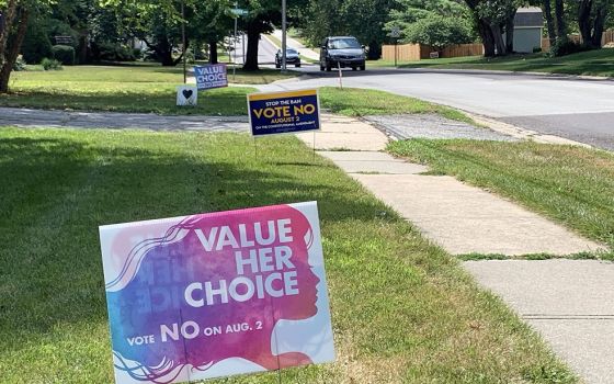 Signs opposing Amendment 2 line a street in Overland Park, Kansas, on July 27. (RNS/Kit Doyle)