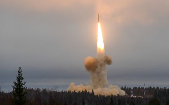 Russia launches a Topol-M silo-based intercontinental ballistic missile from the Plesetsk Cosmodrome in the Arkhangelsk Region in November 2014. (Newscom/ZUMA Press/Tass)