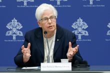 Loreto Sr. Patricia Murray, a member of the synod and executive secretary of the International Union of Superiors General, speaks during a briefing about the assembly of the Synod of Bishops at the Vatican Oct. 16. (CNS/Lola Gomez)
