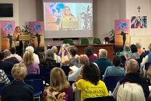 Former Irish President Mary McAleese speaks at the Spirit Unbounded event at Rome's Casa Bonus Pastor on Oct. 13. (NCR photo/Joshua J. McElwee)