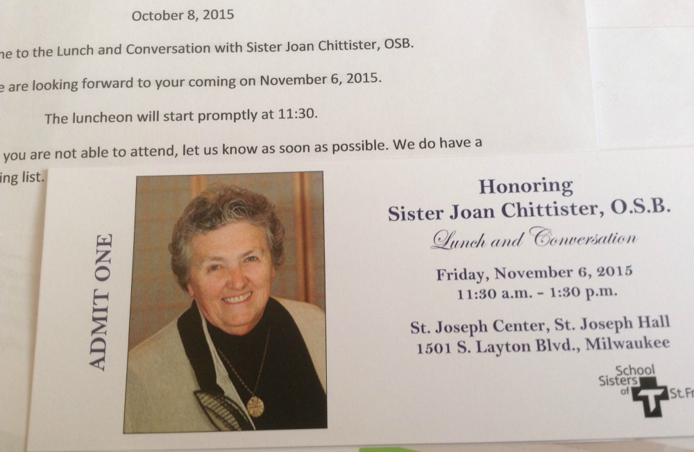 Ticket to the luncheon with Sr. Joan Chittister in Milwaukee in November 2015 (Provided photo) Ticket to the luncheon with Sr. Joan Chittister in Milwaukee in November 2015 (Provided photo)