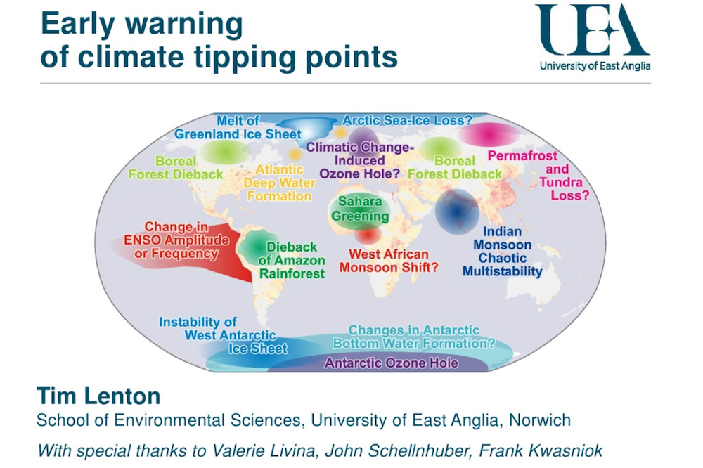 Map of potential policy-relevant tipping elements in the climate system in Tim Lenton et. al. 2008 original paper. These have since been updated to include coral reefs and the East Antarctic Ice Sheet. (Montabay/Tim Lenton et. al.)